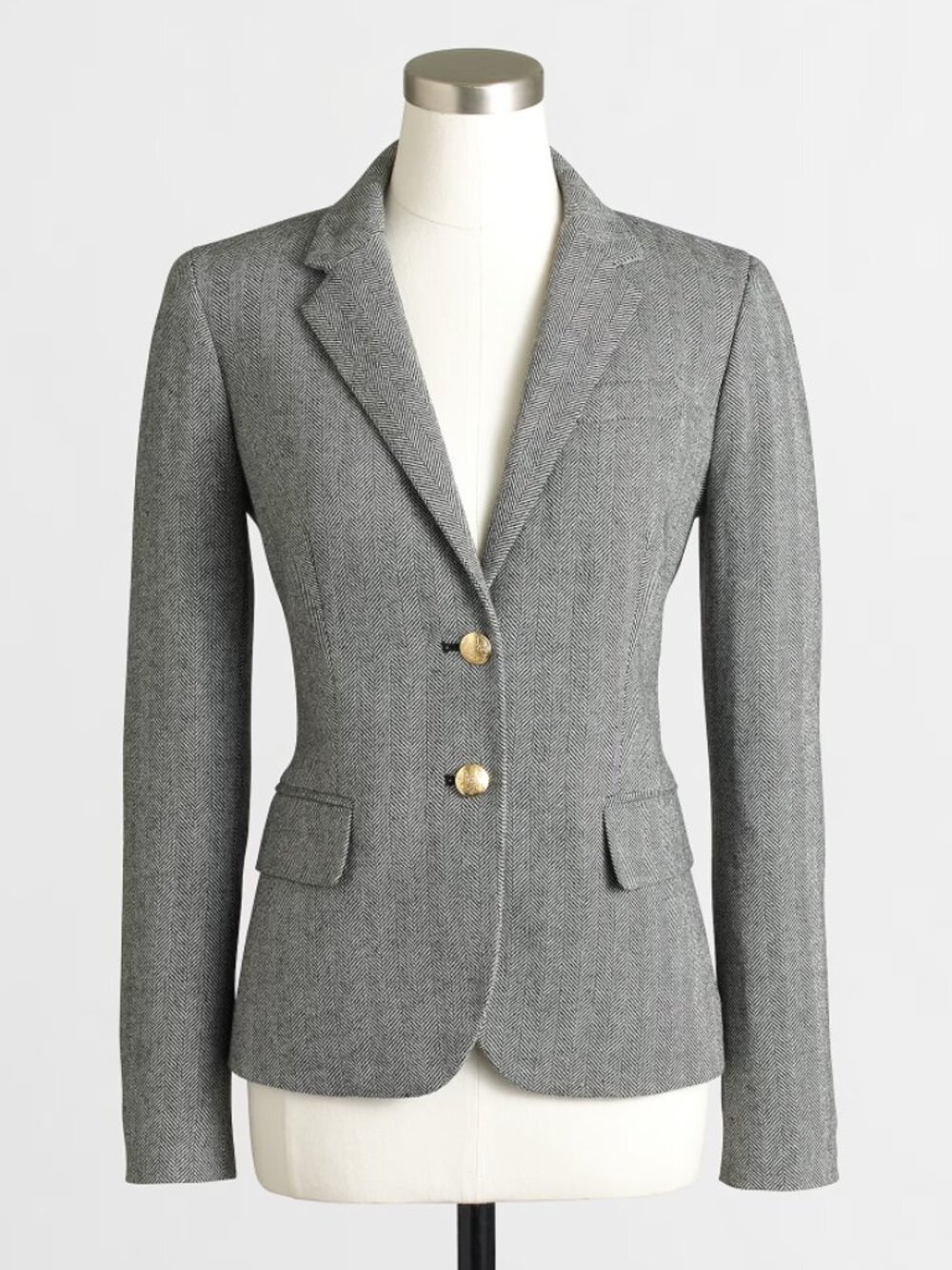 J. Crew Factory Fall Wool Blend Gray Herringbone Blazer Crest Gold Buttons